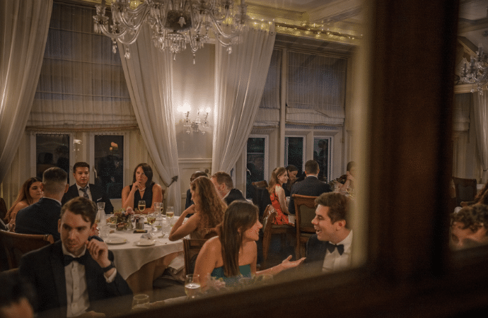 Wedding guests enjoying meal at Berwick Lodge Bristol